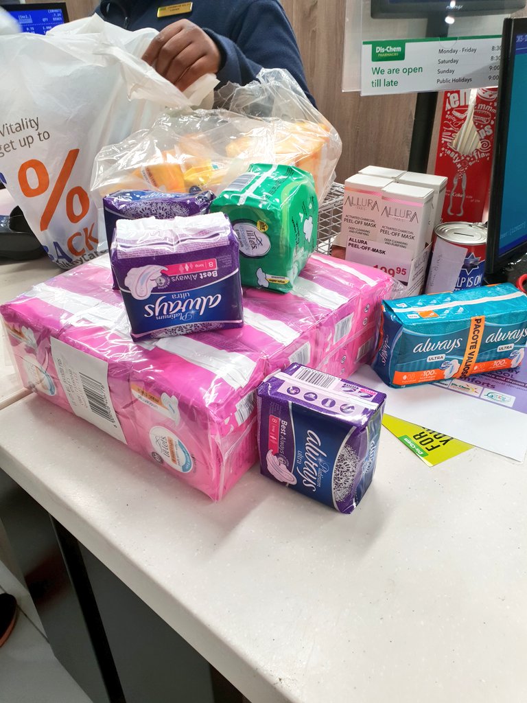 MapsMaponyane's tweet photo. Sometimes the simplest ideas make the biggest difference. Well done to DisChem for implementing this idea that encourages customers to pledge sanitary pads, when paying for their items. The pads are then distributed to those in need of them in various communities around SA.🙌🏾 https://t.co/QYtqsFypjR