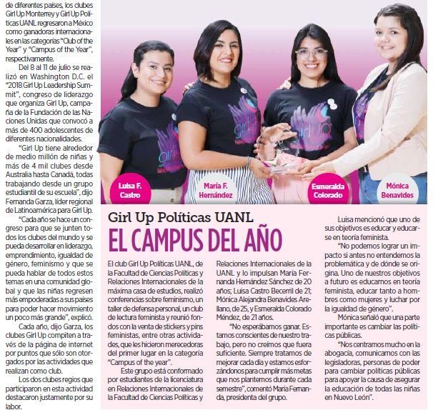 GirlUp's tweet photo. ¡Felicidades al Club del Año, Girl Up Monterrey y Campus del Año, Girl Up Políticas UANL! Lee el artículo del periódico @elnorte aquí: https://t.co/kJSOSMFNDm https://t.co/ZLx8If8k1b