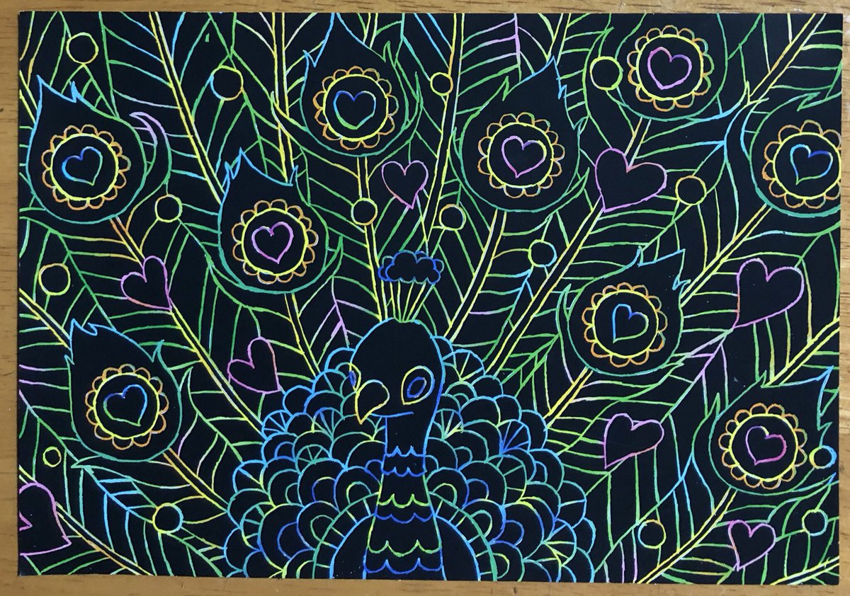 ダイソーのスクラッチアート「動物の楽園」のクジャクにアレンジを