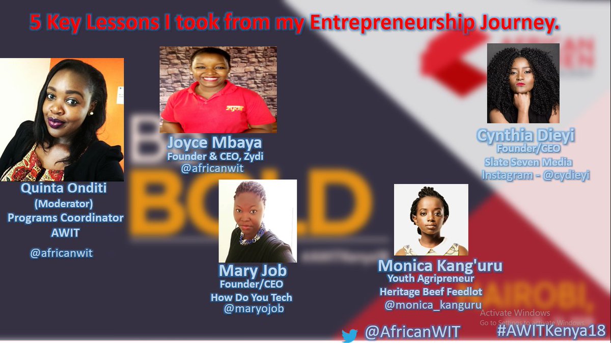 AfricanWIT's tweet photo. Next session>> 5 Key lessons learnt from my entrepreneurship journey moderated by Quinta Onditi.
#AWITKenya18 #WomenInTech #Africa #Kenya #Nairobi https://t.co/RBYmYGDKAv