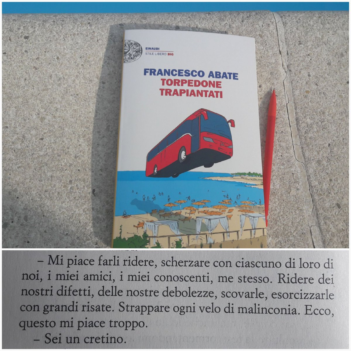 nsantese's tweet photo. Quando l'ironia incontra la vita con i suoi alti e bassi. @FrancescoAbate ci conduce in un viaggio strampalato e malinconico, ricordandoci che vivere è una grande responsabilità, come la felicità. Consigliato a chi si prende troppo sul serio. #TorpedoneTrapiantati @Einaudieditore https://t.co/zOg0oC8s0P