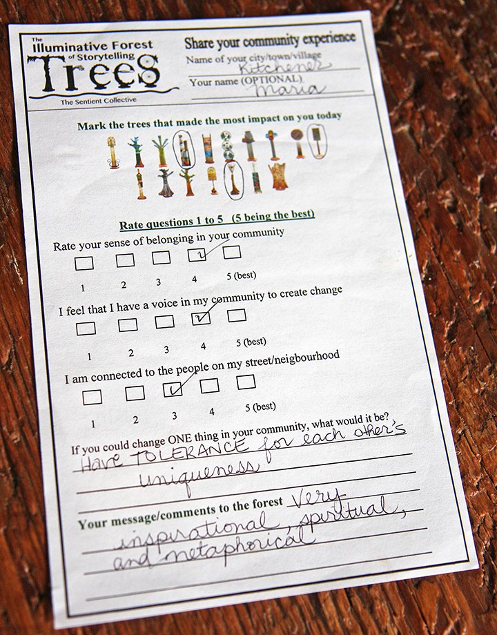 BelongBarometer's tweet photo. As the Illuminative Forest travels from city to city, it asks visitors, "If you could change one thing in your community, what would that be?"
This response from Maria resonated and is so worth sharing.
#illuminativeForest #interArts #TreesCommunicate #InteractiveForest https://t.co/1tAj1TQhXs