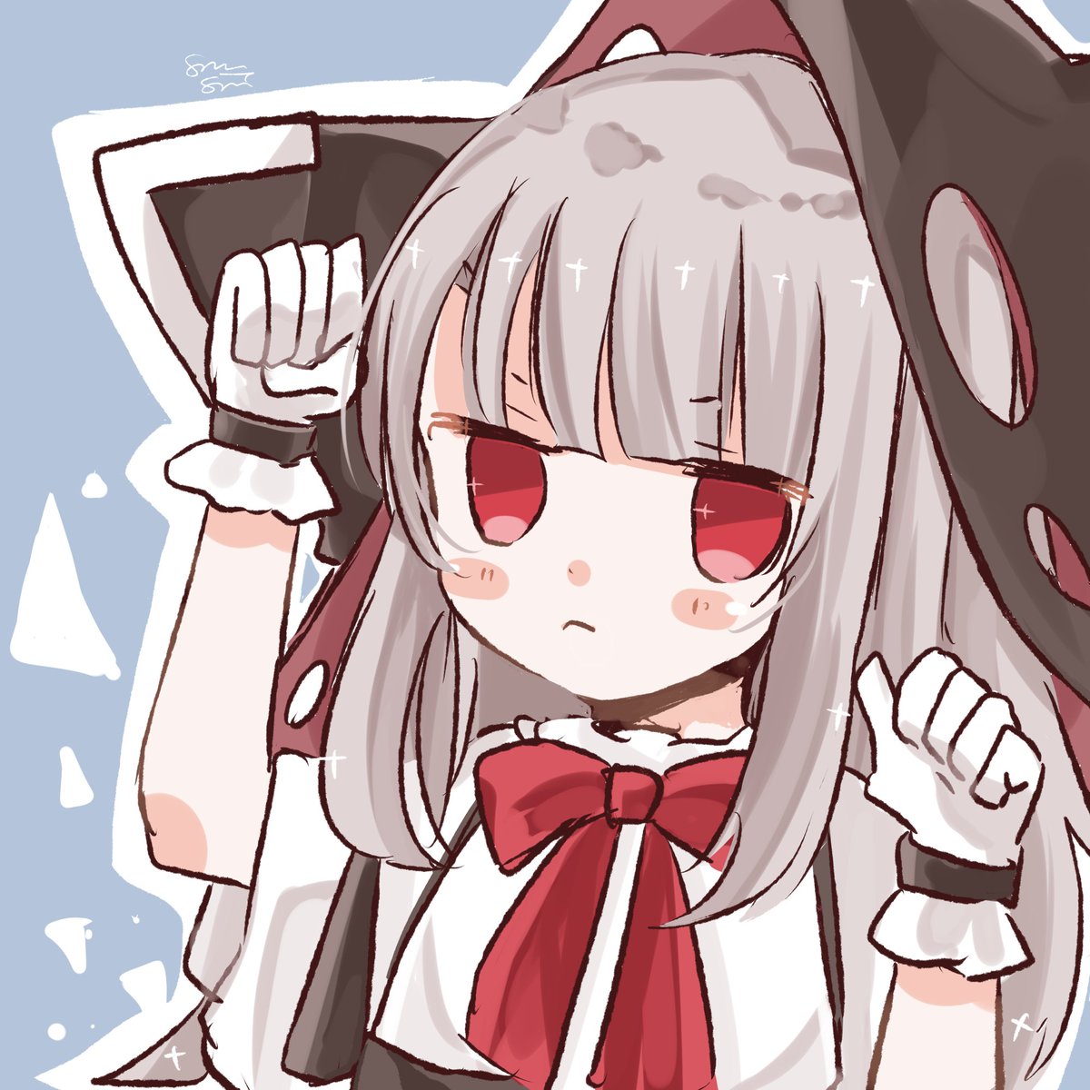 1girl red eyes gloves solo long hair grey hair red bow  illustration images