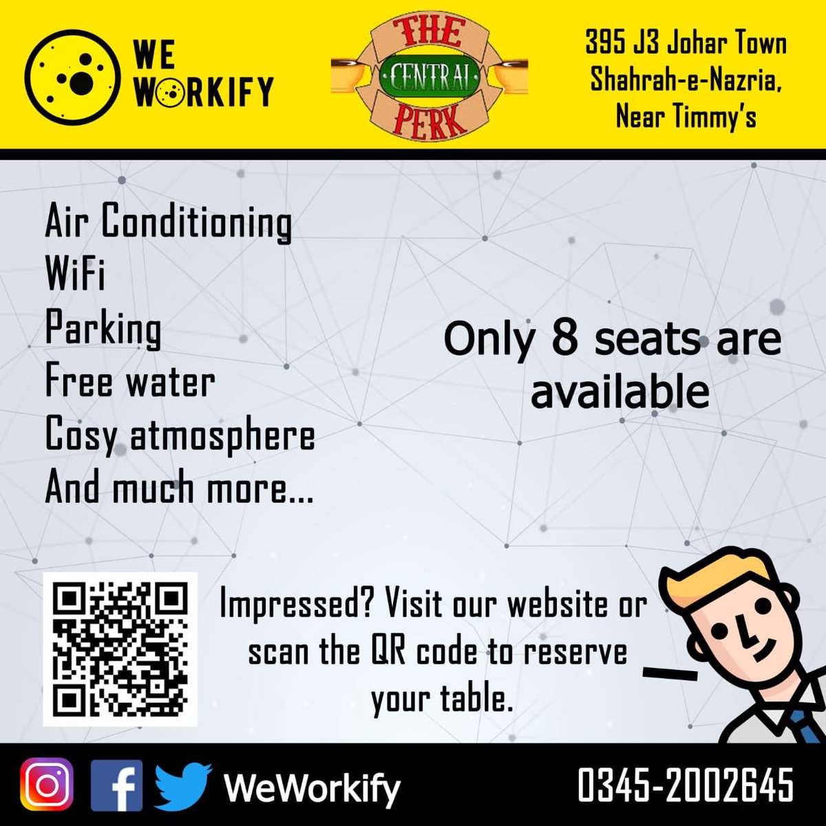 WeWorkify's tweet photo. WeWorkify has partnered with The Central Perk to offer you a restaurant based co-working experience on a daily basis! 💯

Timings are 11 AM to 2 AM which translates to 15 hours a day, contact us for bookings. 🙌 https://t.co/lJPwurBmWc