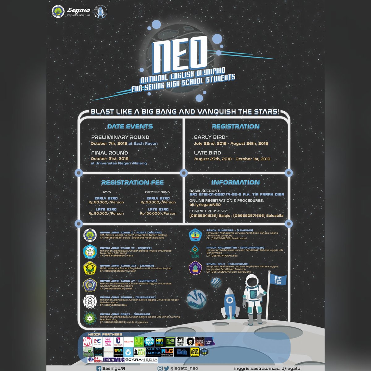 Come and join our space journey in NEO, where you can meet hundreds of cadets from senior high schools in Indonesia. Psst, a Mendikbud trophy and mesmerising fresh money are waiting for the winners!
CP
081252415311 (Balqis)
089680571666 (Salsabila)
<a href="/legato_neo/">NEO 2018</a>