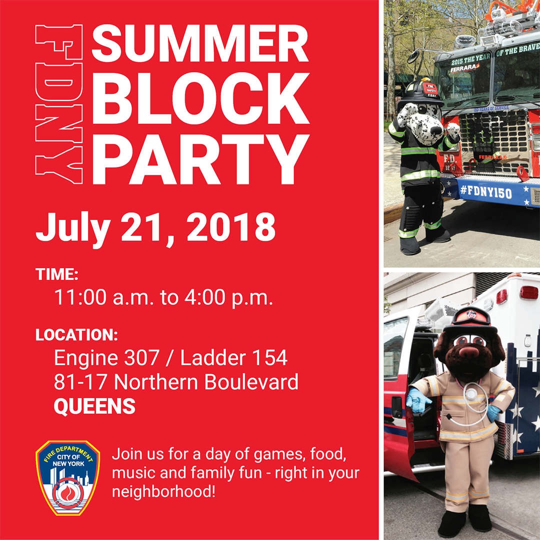 FDNY's tweet photo. We hope to see you TODAY at our second #FDNY Block Party of the summer! Join us at #Engine307 and #Ladder154 at 81-17 Northern Boulevard #Queens from 11am-4pm https://t.co/0scAbbvTn7