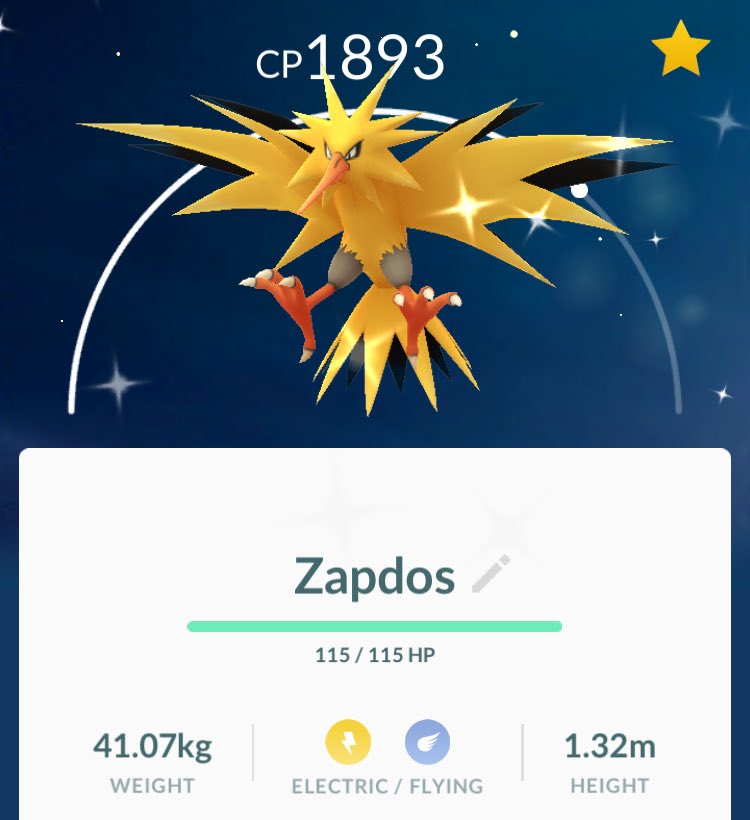 PokemonBcn's tweet photo. El primer, el millor de tots. Un 96% i shinny. 
M’agraden molt aquests events, amb tothom de raid alhora. 👌🏻

#ZapdosDay #PokemonGO https://t.co/Tk4TorQsTW
