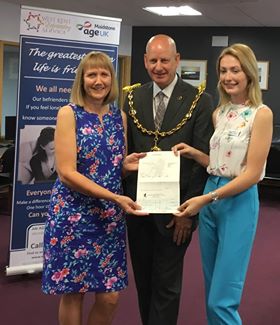 maidstonemayor's tweet photo. Cllr David Naghi, Mayor of Maidstone, recently visited Invicta Grammar School to present a cheque on their behalf for £2618.78 to the West Kent Befriending Service, one of his chosen charities for this year.

[Pictured with Wendy Pfeiffer, @ageukmaidstone and Tilly Head.] https://t.co/zJmZ769H1P