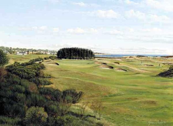 GraemeBaxterArt's tweet photo. #HappySaturday everyone’ enjoy your golf and your life! This is a view of the 15th green on the old links course, venue of the 1999 and 2007 Open Championship. It shows the town of Carnoustie on the left #TheOpen #TheOpenChampionship #TheOpen2018 #Carnoustie #golf #golfer https://t.co/8VHEA4In29