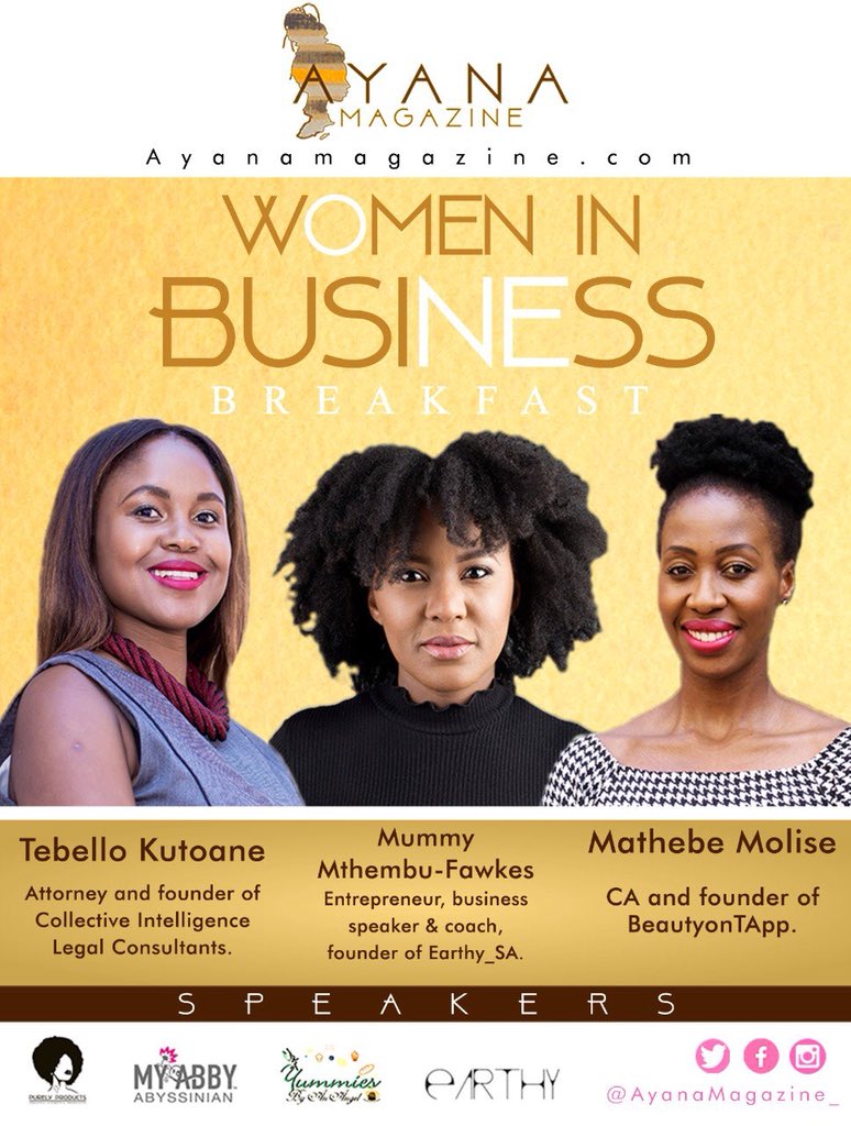 myabbyrange's tweet photo. We’re excited to be partnering with @AyanaMagazine_ @AyanaInnovative for the Women in Business Breakfast featuring the amazing ladies @Mathebz of @BeautyonTApp, @MissPeaches1000 Of @Earthy_sa &amp; @bellz_kutoane of   @_Cointelligence #MyAbbyRange https://t.co/w4oDqLlUUB