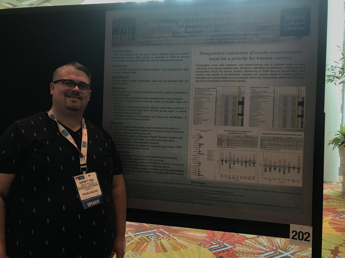 GarrettDHall's tweet photo. @harrishealth @bcmhouston Ben Taub Trauma Services poster “Trauma registry data quality: The impact of prospective data validation on TQIP benchmark reports” @AmCollSurgeons Quality and Safety Conference @ACSTrauma #ACSQSC #ACSTQIP https://t.co/8bXijF5DtH