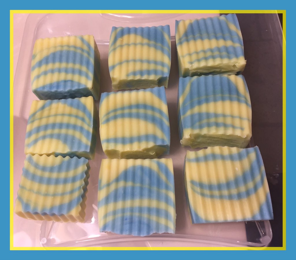 Here is my second batch. I'm much happier with the way it turned out! It's a 2lb batch which fit into my loaf mold better. It's olive,coconut and caster based w/blue&amp;yellow swirls and a peppermint/lemongrass/frankensents aroma. I can't wait to try it!