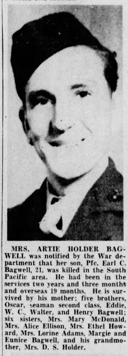 WW2Researcher's tweet photo. Private First Class Earl C. Bagwell, of Charleston, South Carolina, and the 4th Marine Regiment, was killed in action in the Marianas Islands on July 21, 1944, 74 years ago today. #4thMarineRegment #WW2inthePacific #BattleoftheMarianasIslands #USMC #WW2Researcher https://t.co/5ujGwq52Oe