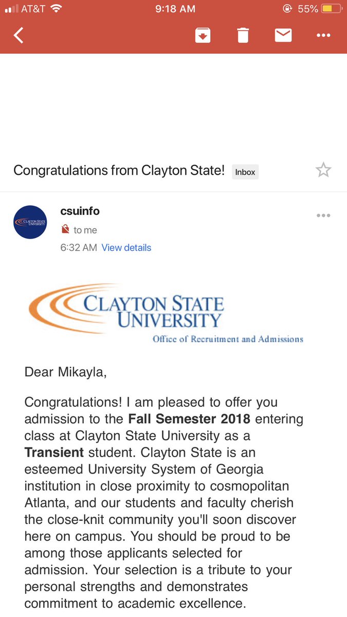 muhkluh's tweet photo. Got accepted into Clayton State this morning!! Everything I wanted to happen fell into place😁😁😁😁 #csu18 https://t.co/a5SdSqtlGk
