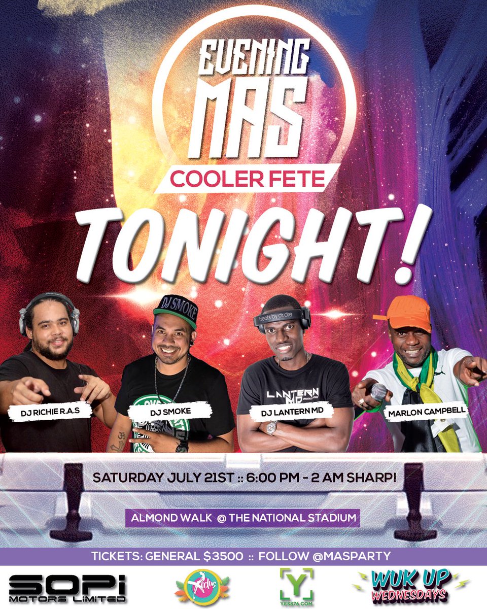 LucyAndVagabond's tweet photo. TONIGHT. TONIGHT. 🍻
#EveningMas 
💿 @DjLanternMD
💿 @MarlonMusique
💿 @DjSmokeJA
💿 @DJRichieRAS https://t.co/Hg4v4cIrl3