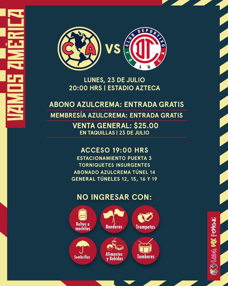 AmericaFemenil's tweet photo. ¡Apóyanos mañana en casa, el 🏟 @EstadioAzteca 🆚 Toluca!
🎟🎟🎟 ➡️ Taquillas del Estadio 
Venta general ➡️ $25
Membresía y Abono Azulcrema ➡️ Gratis

Más info. 🗞: https://t.co/qDMLAq7nVi https://t.co/e7iI2K9Al2