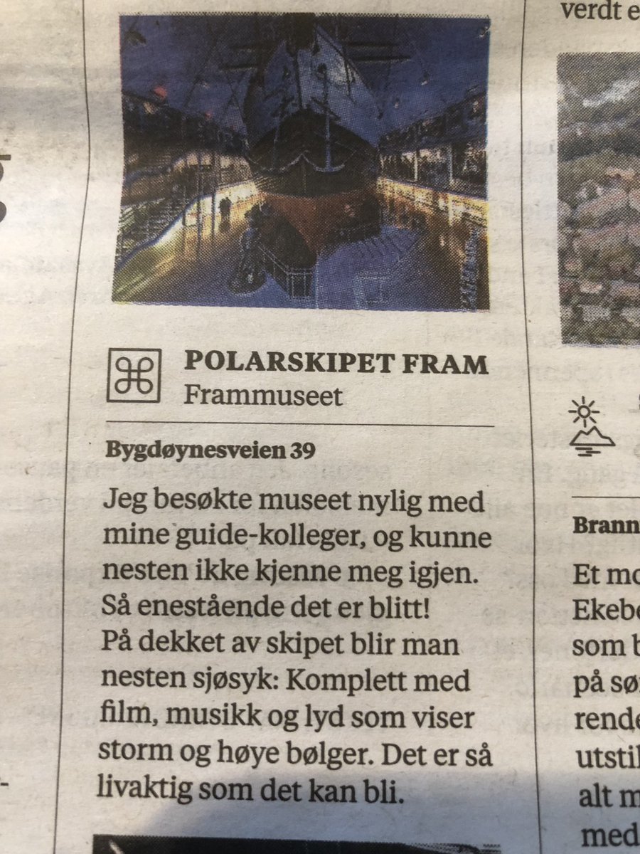 FramMuseum's tweet photo. #osloguide Birgit Solberg (92) anbefaler @FramMuseum i @Aftenposten spalte #mittoslo i dag. @aft_kultur Kombiner besøket på #bygdøynes med flere museer og et bad på stranda vår. Vi har fellesbillett til alle tre museer. @Marmuseum #kontiki #fram #gjøa https://t.co/uAPZR4AtKl