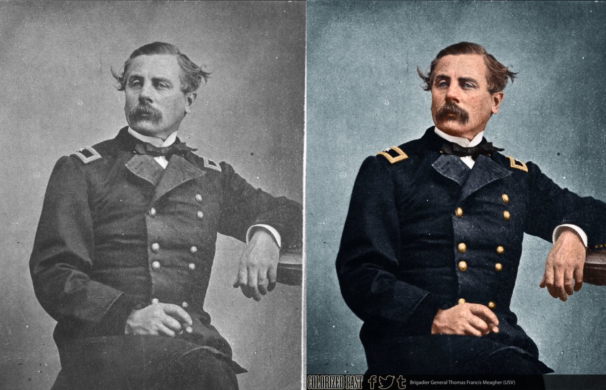 ColorizedPast's tweet image. Thomas Meagher escaped Van Diemen's Land and made his way to the United States in 1852, settling in @NewYork studying law, working as a journalist, and travelling to present lectures on the Irish cause.  He was a member of the Tammany Hall Democrats.

@HISTORY @librarycongress