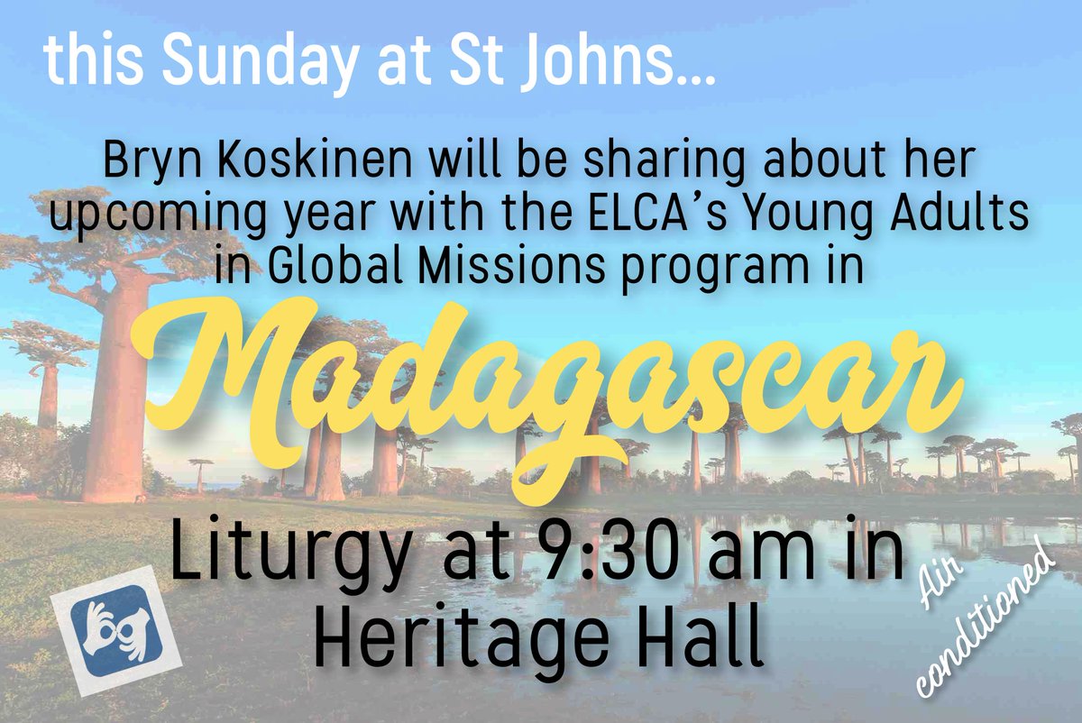 stjohnsudbury's tweet photo. Reminder! In this Sunday’s worship hour Bryn Koskinen will be sharing about her upcoming year with the ELCA’s Young Adults in Global Missions program. 9:30 am in Heritage Hall. (ASL interpreted and AIR CONDITIONED!) https://t.co/dNIe78I0h8