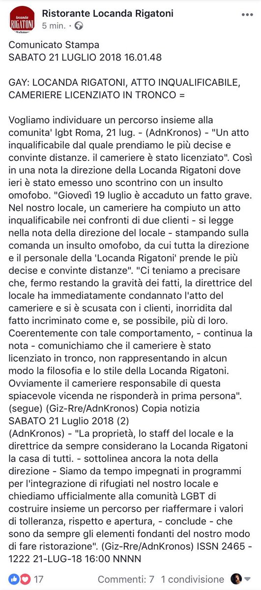 ProgettoHoMe's tweet photo. Sulla #LocandaRigatoni è doveroso esporci in quanto la discriminazione va combattuta e osteggiata sempre. 
Questo è il loro comunicato stampa. Voi che ne pensate? Non è un po’ troppo scaricabarile licenziare il cameriere? #StopOmofobia https://t.co/iZGPgETOBp