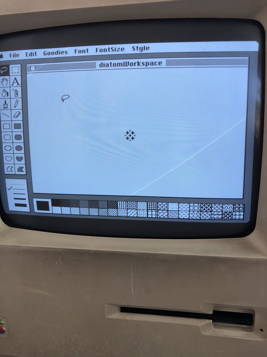 joshburker's tweet photo. These tiny #diatoms I am inventing in #MacPaint are just a few pixels of absolute cuteness!! #retroComputing #Mac512K #Macintosh #BrushMirrors https://t.co/yLQD7X50u4