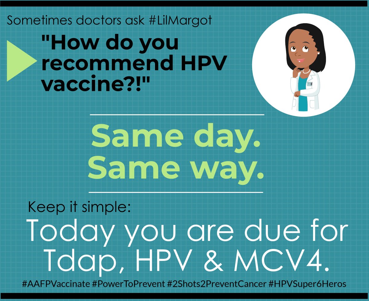 Please stop overthinking #HPV vaccine. Simply recommend it the #SameDaySameWay as other vaccines. #2Shots2PreventCancer #HPVSuper6Hero #AAFPVaccinate  hpvroundtable.org/resource-libra…