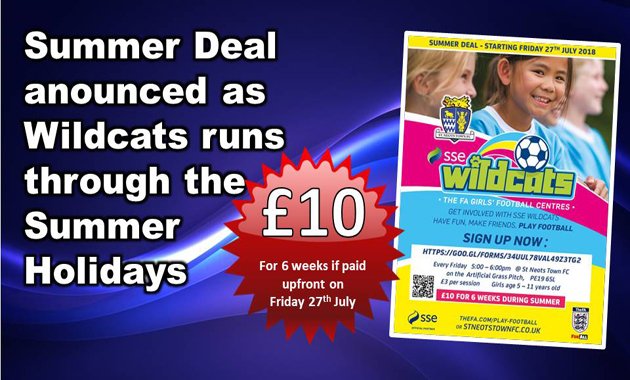 <a href="/SNTFCWildcats/">Wildcats @StNeotsTownFC</a> is running right through the Summer Holidays - Save money by block booking this coming Friday (27th July) 
stneotstownfc.co.uk/item/1957-wild…