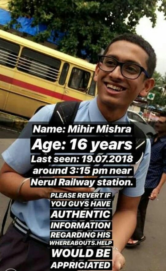 KalaRavi16's tweet photo. Mihir Mishra - class XII student from Nerul missing since 19/7.  Friends pl RT. @Navimumpolice @MumbaiPolice #MihirMishra https://t.co/1ovx2plzLb