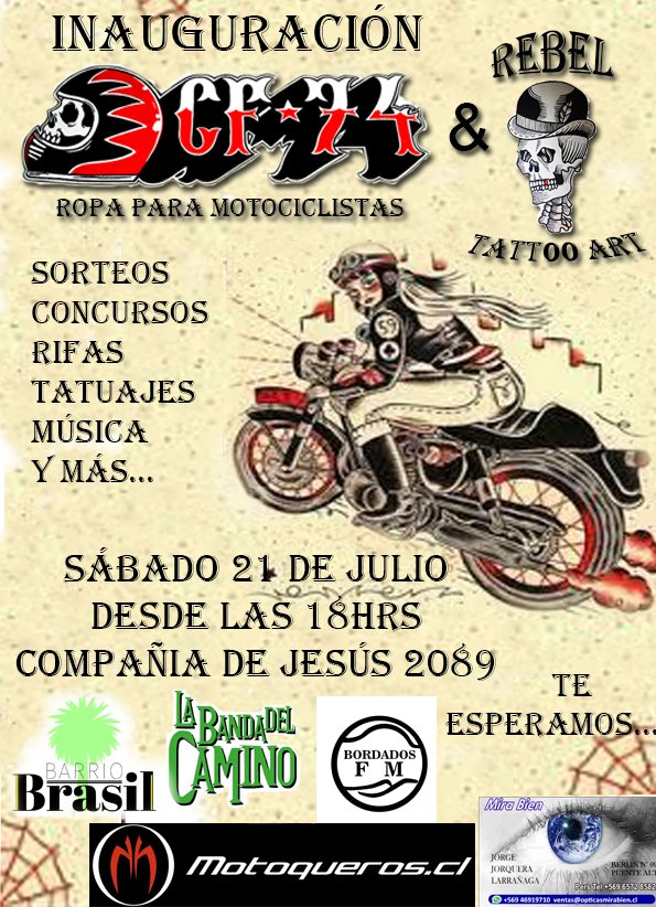 MotoquerosCl's tweet photo. Inaguración tienda CF74 y Revel Tatto Art -Sab 21- 18 hrs:: https://t.co/oLU2AeEKjV https://t.co/ulwsK8m9jl