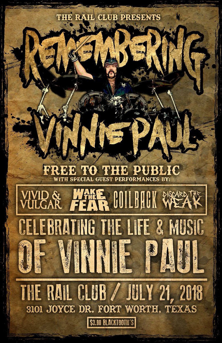 Free concert tonight celebrating the life and music of Vinnie Paul with <a href="/WakeTheFear/">Wake The Fear</a>, <a href="/COILBACK/">COILBACK</a>, <a href="/DiscardTheWeak/">Discard The Weak</a> and more