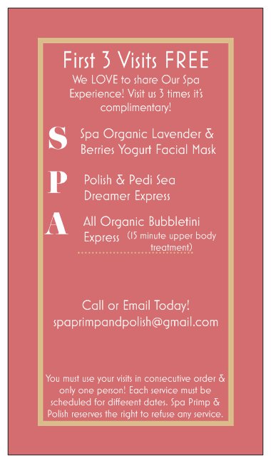 First 3 visits Free! We know you will love our Spa Therapy ♡ Visit Spa Primp and Polish in Saint Simons Island ! Located at 3405 Frederica Rd Saint Simons Island! (912) 324-1011  learn more about our team at SpaPrimpandPolishSSI.com