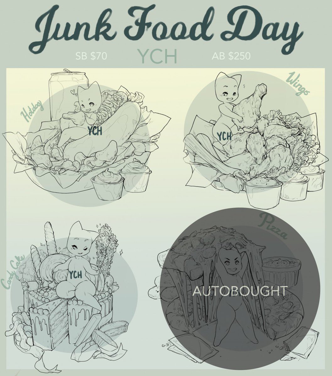 ✨JUNK FOOD DAY YCH IS LIVE ✨

• https://t.co/HhNy6JLGlk •

Thank you all so much for checking these out! I hope you enjoy them as much as I enjoyed doodling up all these snacks! 

P.S. As always I can place bids for people who don't have an FA account ♡ 