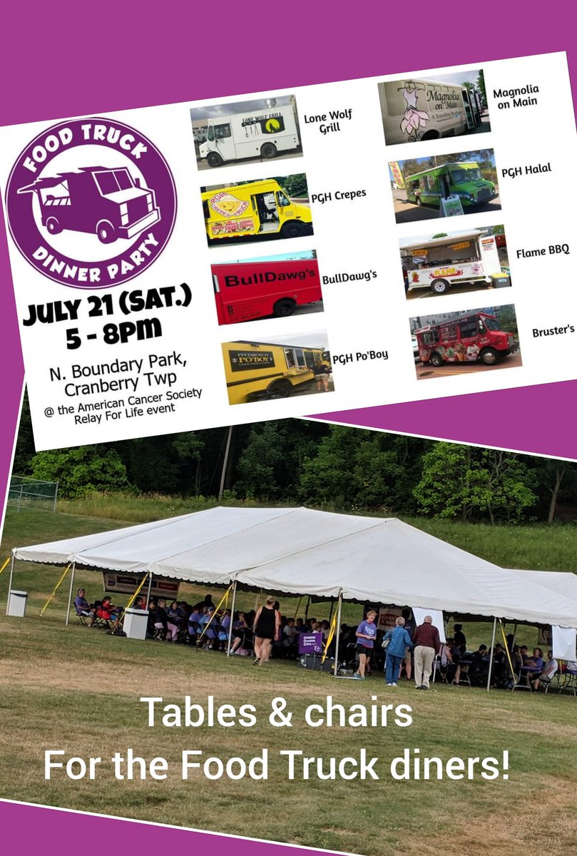 TODAY'S it - <a href="/FoodTruckDP/">FoodTruckDinnerParty</a> from 5-8p (7/21). Come dine, shop &amp; support the fight against cancer. 
#pgh #Pittsburgh #dinnertime #fashion #fundraiser 
<a href="/pghcrepes/">PGH Crepes</a> <a href="/PGHHALALFOOD/">PGH HALAL TRUCK</a> <a href="/pghpoboy/">Pittsburgh Po'boy</a> <a href="/magnolia_main/">Magnolia on Main</a> <a href="/BullDawgspgh/">BullDawgs</a> <a href="/brusterstruck/">Bruster's Truck</a>