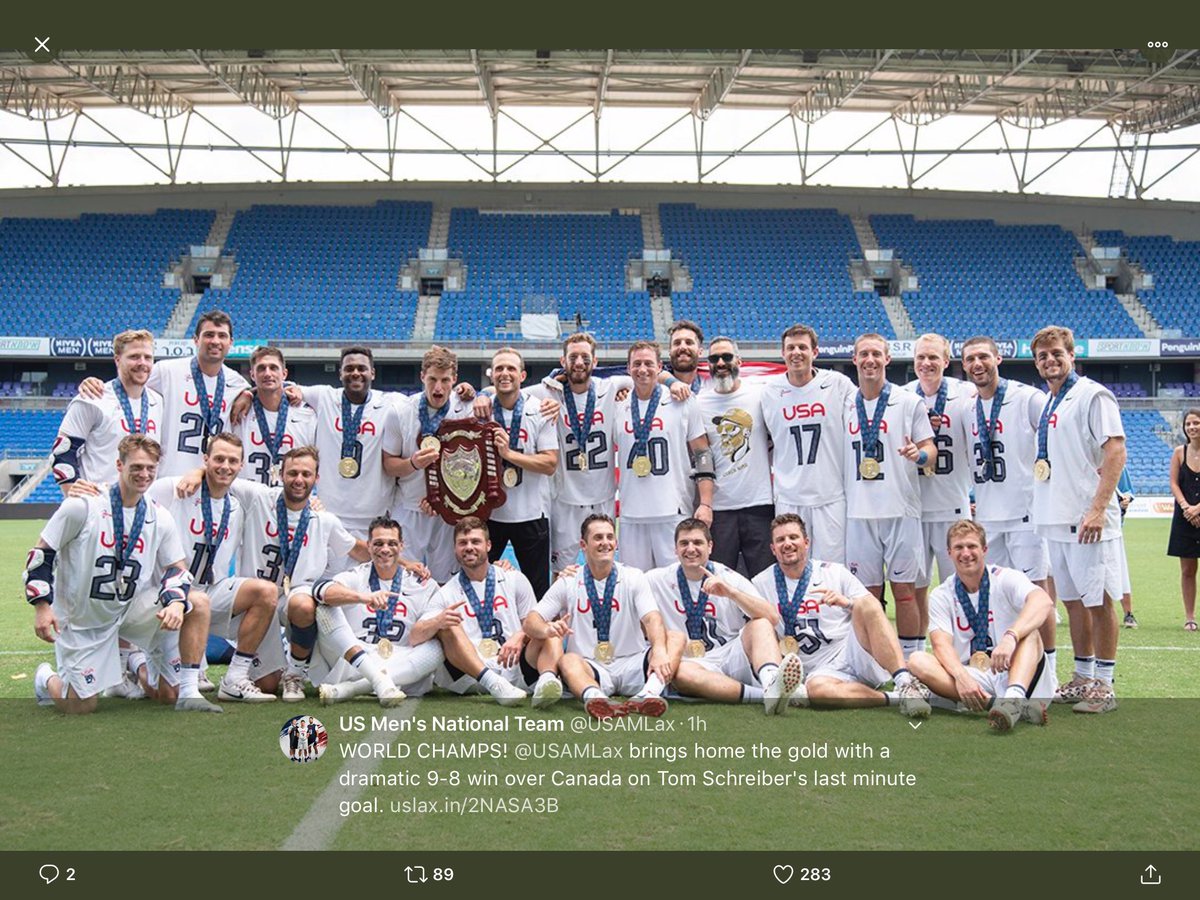 World champs! Big congratulations to @JU_MLAX head coach <a href="/JohnGalloway15/">John Galloway</a> (holding award) of @USAMLax on helping lead his team in goal to exciting 9-8 win over Canada to claim world title today in Israel. We look forward to welcoming you back. <a href="/JacksonvilleU/">Jacksonville University</a> <a href="/JUDolphins/">Fedric Melvin</a>