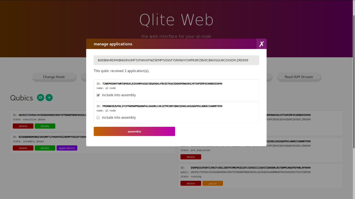 QubicLite's tweet photo. And there goes v0.2 of the QLRI. 😄 Major upgrades:

 - your ql node does now feature an (iota IRI like) API you can send requests to
 - Qlite Web (intuitive web app, check out the screenshot!)

https://t.co/MKIiTXOScg https://t.co/vNLLcit5jj