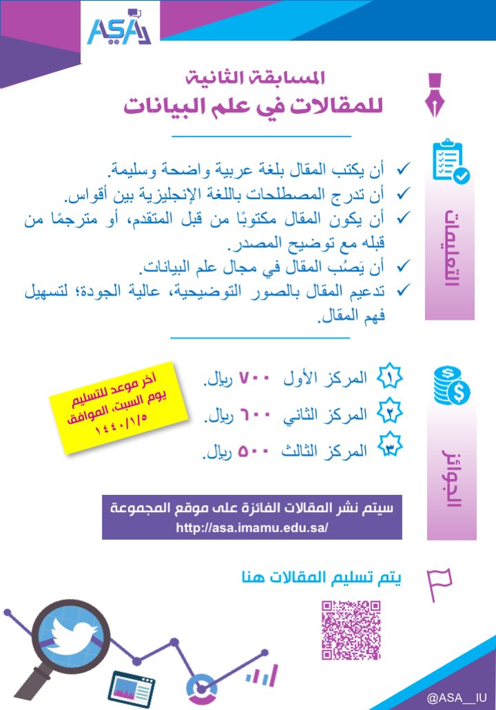 ASA__IU's tweet photo. بعد المقالات الرائعة التي استقبلناها في مسابقة المقالات في #علم_البيانات

يسرنا الإعلان عن المسابقة الثانية للمقالات في علم البيانات. 
تستقبل المشاركات حتى يوم السبت ٥ محرم، من خلال الرابط:
 
https://t.co/e25pRUJUSA https://t.co/ee7mLR2IuZ