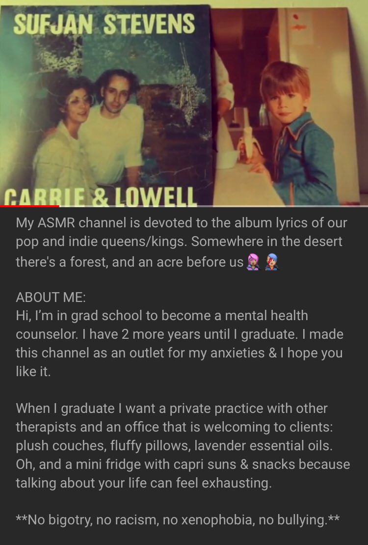 asmrlyrics's tweet photo. ASMR Video: Sufjan Stevens Carrie &amp; Lowell Lyrics 

🥀https://t.co/MXD62ds4Zw

(whispers, late night sounds)
#asmr #sufjanstevens 
@asthmatickitty https://t.co/Ogm43xXNz3