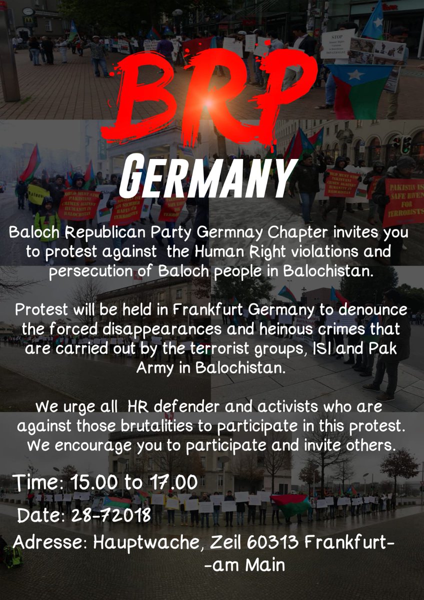 Baluch_Najeeb's tweet photo. #BRP Protest will be held in Frankfurt Germany to denounce the forced disappearances and heinous crimes that are carried out by d #ISI, #PakArmy &amp; its terrorist groups in #Balochistan recent bloodbath #Mustong please speak up @UN @hrw https://t.co/zStxhAFCMO