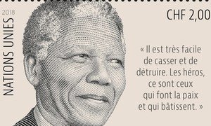 UN_News_Centre's tweet photo. A centennial stamp featuring Nelson Mandela was unveiled at UN earlier this week, with a quote from him: “It is easy to break down and destroy. The heroes are those who make peace and build.” https://t.co/6TT9LcKfF8 https://t.co/MEK8abrgfe