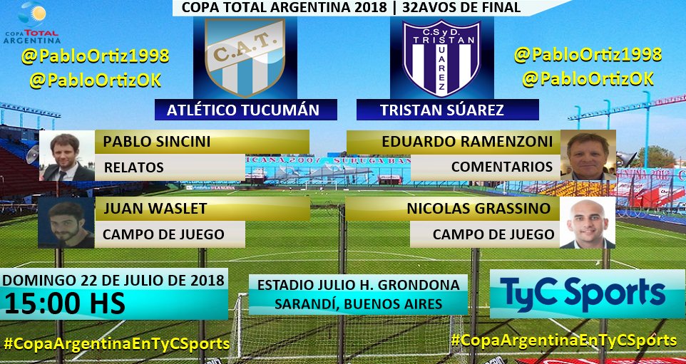 PabloOrtizOK's tweet photo. #CopaArgentinaEnTyCSports | #AtléticoTucumán vs. #TristanSuarez
Relata: @pablosincini | Comenta: @rusoramenzoniok
Campo de Juego: Juan Waslet y @NicoGrassino
#Torneos
Dale RT https://t.co/QklhTiNOCC