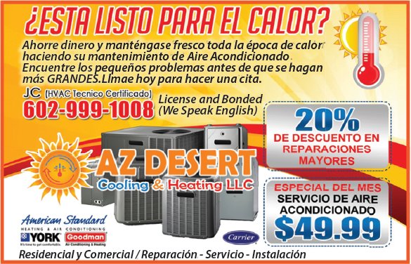 SManoRevista's tweet photo. ☀️🌡️ AZ DESERT Cooling &amp; Heating LLC 🌡️☀��
¿Estas listo para el calor?

Pregunta por la especial del Mes!

☎️6️⃣0️⃣2️⃣•9️⃣9️⃣9️⃣•1️⃣0️⃣0️⃣8️⃣ https://t.co/ghPUMhGzds