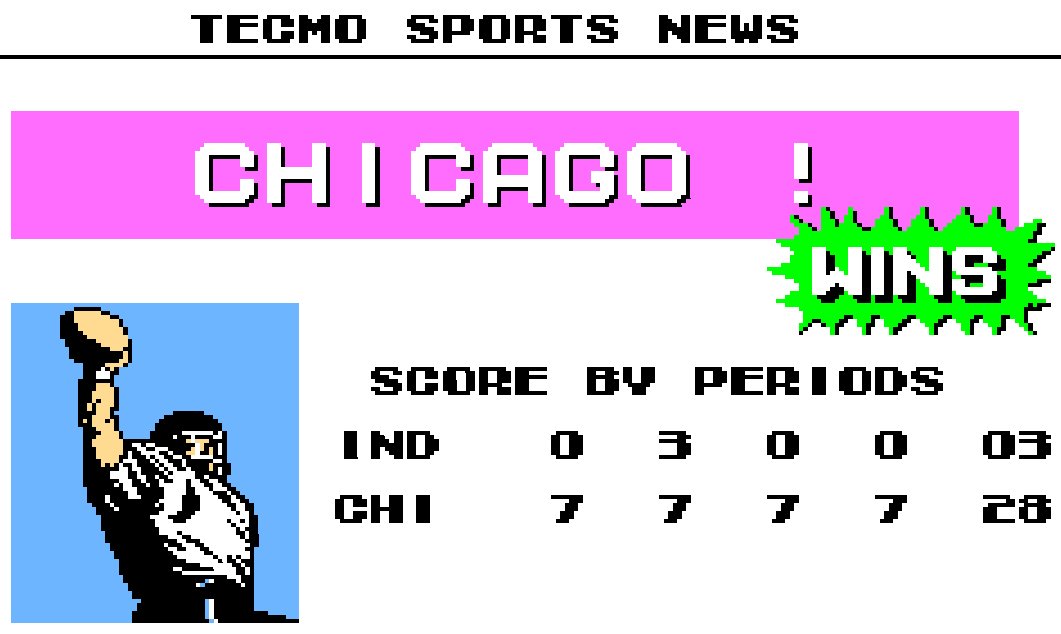 SFCTFL's tweet image. Week 4: Two @Smitty818  teams square off, Chicago cruises. Thanks to @smittys875 for playing all time D. 

#TecmoBowl