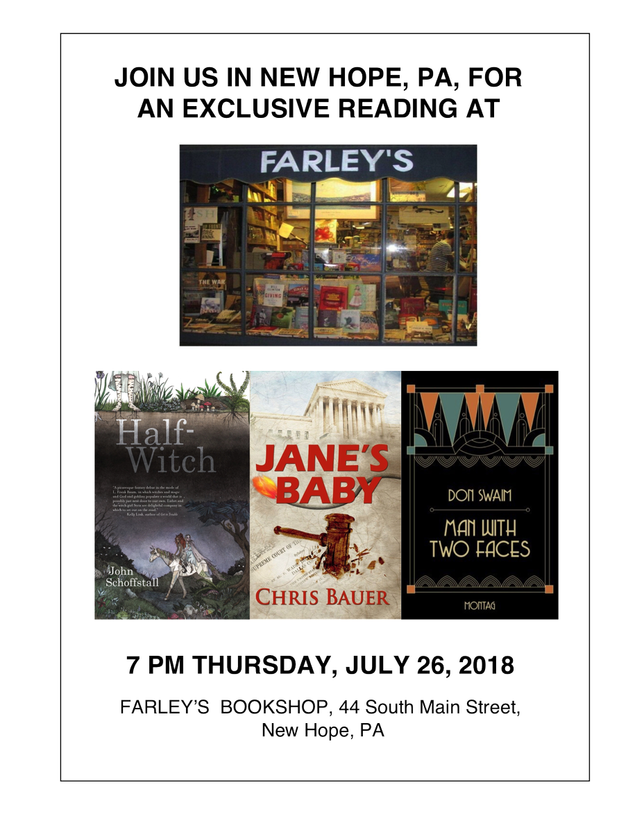 donswa10's tweet photo. John Schoffstall, Chis Bauer, Don Swaim read from their new books in New Hope, Bucks County,  PA, 7p Thu, Jul 26, 2018. https://t.co/EKDq6Lw750
