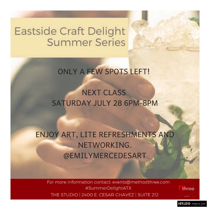 TheStudioATX's tweet photo. Impress your friends with your craft cocktail making skills! CLick on the Link Below to Register! 
https://t.co/JqBTHThxm5  
.
.
.
.
.#summerdelightatx #DIYcraftcocktail #eastside #atx #events #drinks https://t.co/B340Xgi9RO
