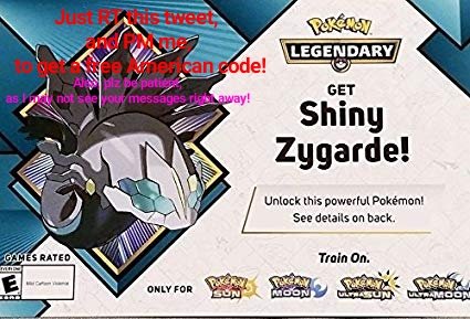 Free American pokemon gamestop shiny zygarde code cards! Just RT this tweet and PM me for one! Also plz understand I may not see your messages right away! Thank u and good day to you all!~ #free #shiny #zygarde #gamestop #Pokemon #giveaway