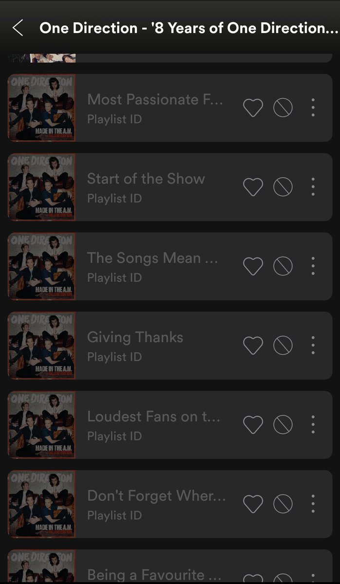 emma934_'s tweet photo. im really confused about the 8 tracks that are hidden in the official playlist in spotify... wtf is going on!! #8YearsOfOneDirection https://t.co/atDR1Mu93y