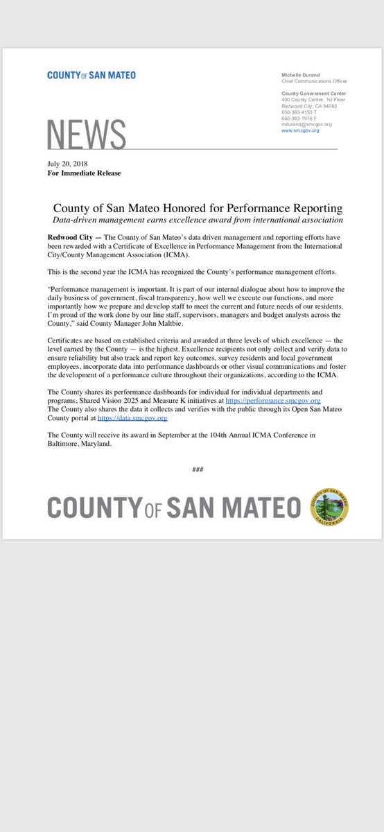 smcprochief's tweet photo. @sanmateoco honored for Performance Reporting by the International City/County Management Association (ICMA) #ICMA Congratulations @JohnMaltbie and our entire county family! https://t.co/OAOtWwJUdK