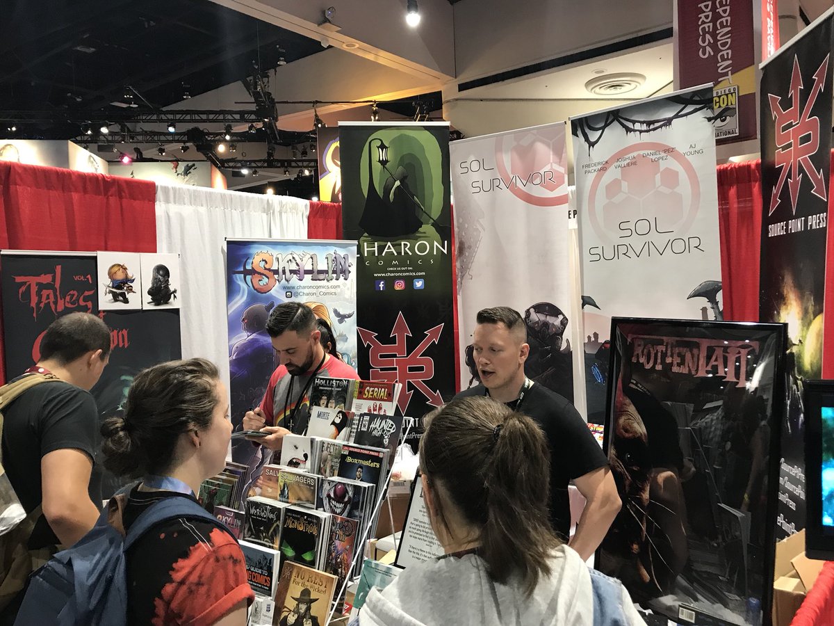 SourcePtPress's tweet photo. Thanks for a great day today #ComicCon! Only 1 day left, we can’t wait to see you all again tomorrow! #SDCC #sandiegocomiccon #comicconinternational #weloveyoudougjones #rottentail #corinnemec #charoncomics #sourcepointpress #comicbooks #horror #scifi https://t.co/SLPGKJ4zxU
