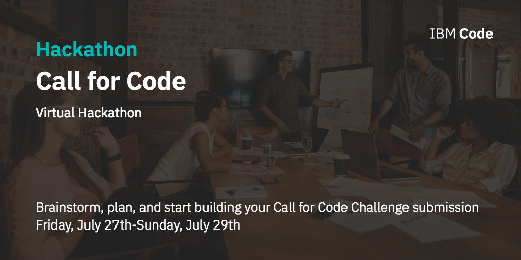 IBMDeveloper's tweet photo. Join us next weekend for our #CallforCode Virtual hackathon. Connect with technical experts, get access to great content and start building your solution to address natural disasters: https://t.co/G1XAGgBVME https://t.co/4nATJ6ykcu