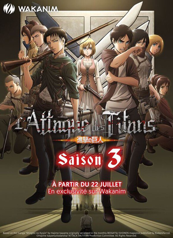 Wakanim's tweet photo. ⚔️ L'Attaque des Titans Saison 3 c'est aujourd'hui 20h !! ⚔️

Ultime récap :

- Épisodes en simulcast pour les abonnés VIP
- Épisodes achetés en téléchargement sont bien en simulcast, même sans abonnement
- Épsodes 7 jours après pour les abonnés gratuit

A TOUTE !! https://t.co/kmduZOCDOy